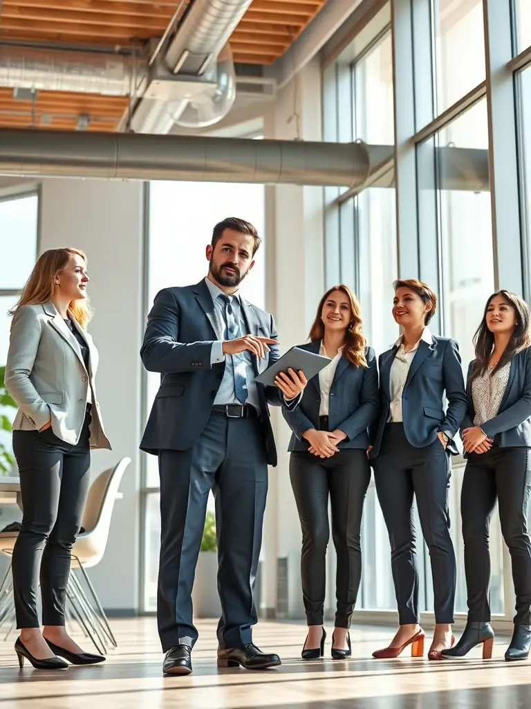 A professional sales manager coaching a team in a modern office setting, illustrating Sales Management & Leadership.