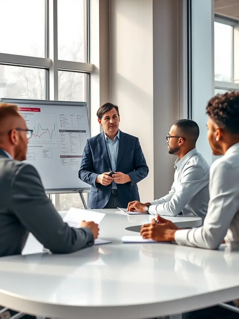 A professional cybersecurity sales coach guiding a managed service provider team through a sales strategy session, emphasizing the importance of understanding client needs and tailoring solutions.