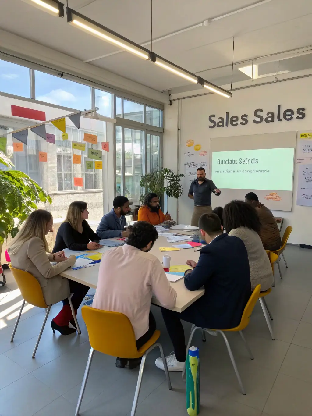 A trainer conducting a workshop with sales professionals in a conference room, representing Sales Coaching & Training.