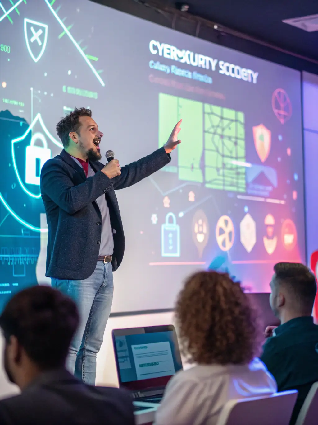 A cybersecurity expert presenting a webinar on the latest threats and how managed service providers can protect their clients, showcasing thought leadership and expertise.