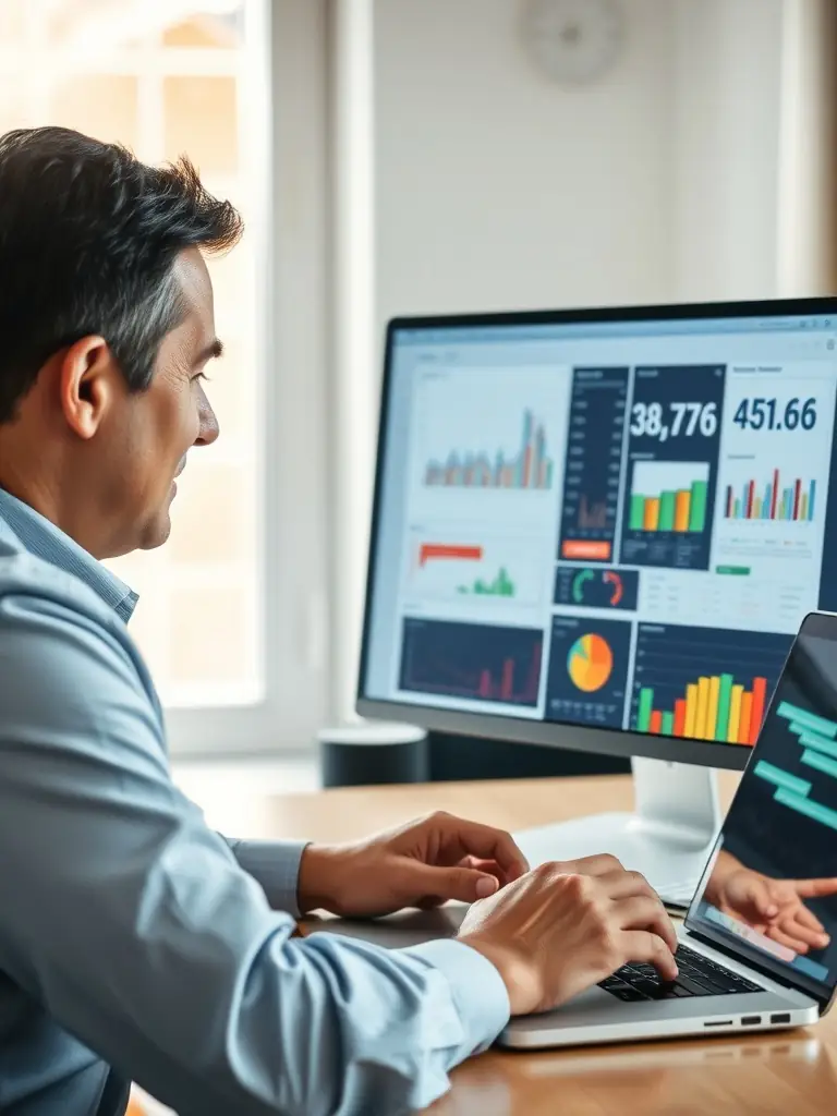A professional businessman reviewing sales data on a tablet, with charts and graphs visible, in a modern office setting, representing sales process optimization for Applied Business Concepts Ohio.