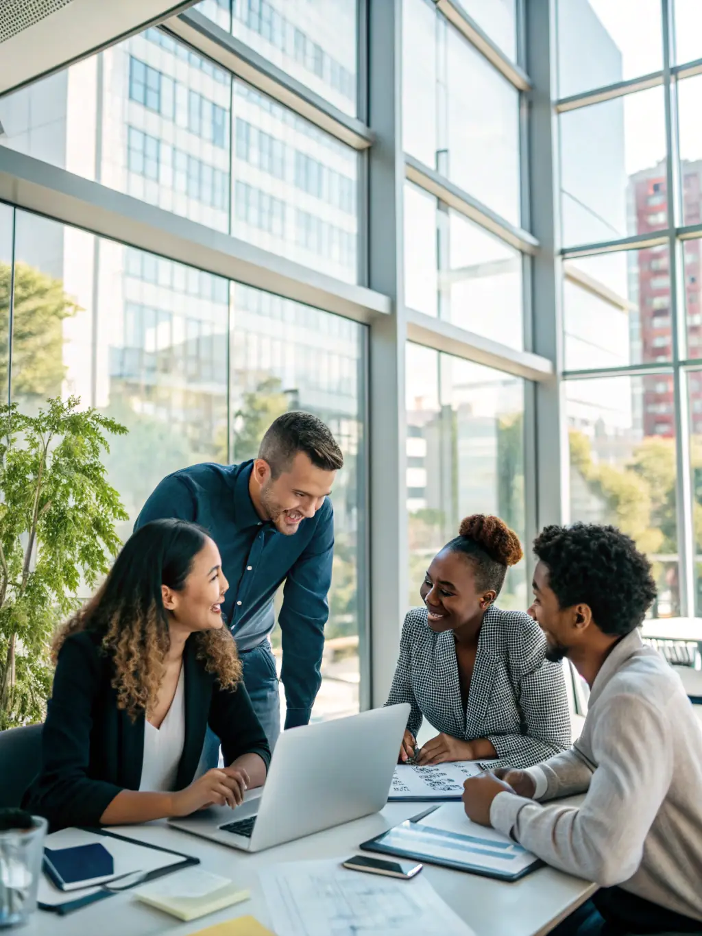 A team of sales professionals collaborating in a meeting room, discussing strategies and performance metrics, symbolizing sales management and leadership for Applied Business Concepts Ohio.