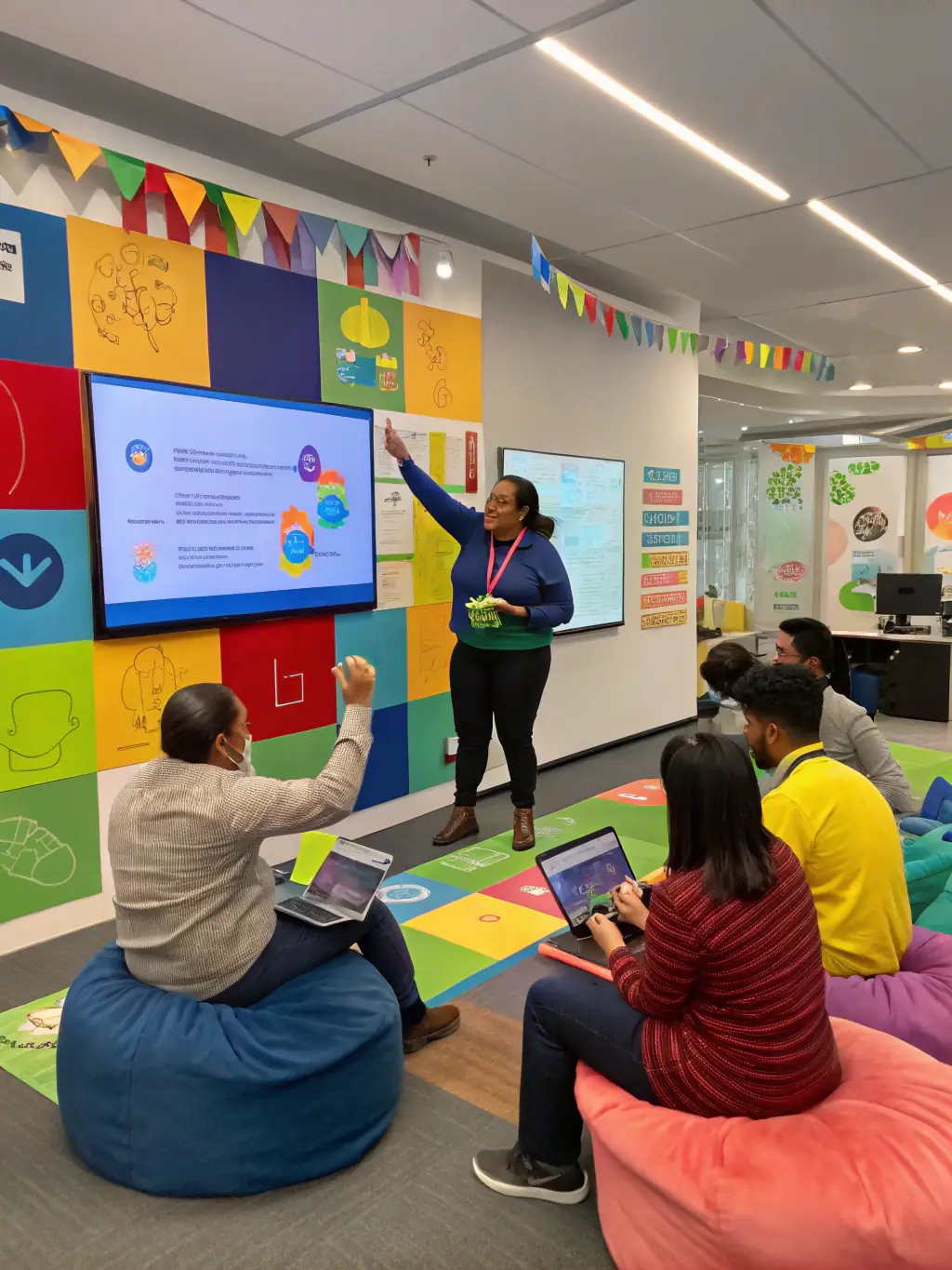 A training session focused on cybersecurity sales techniques, with participants actively engaged in role-playing and learning about the latest industry trends and threats.