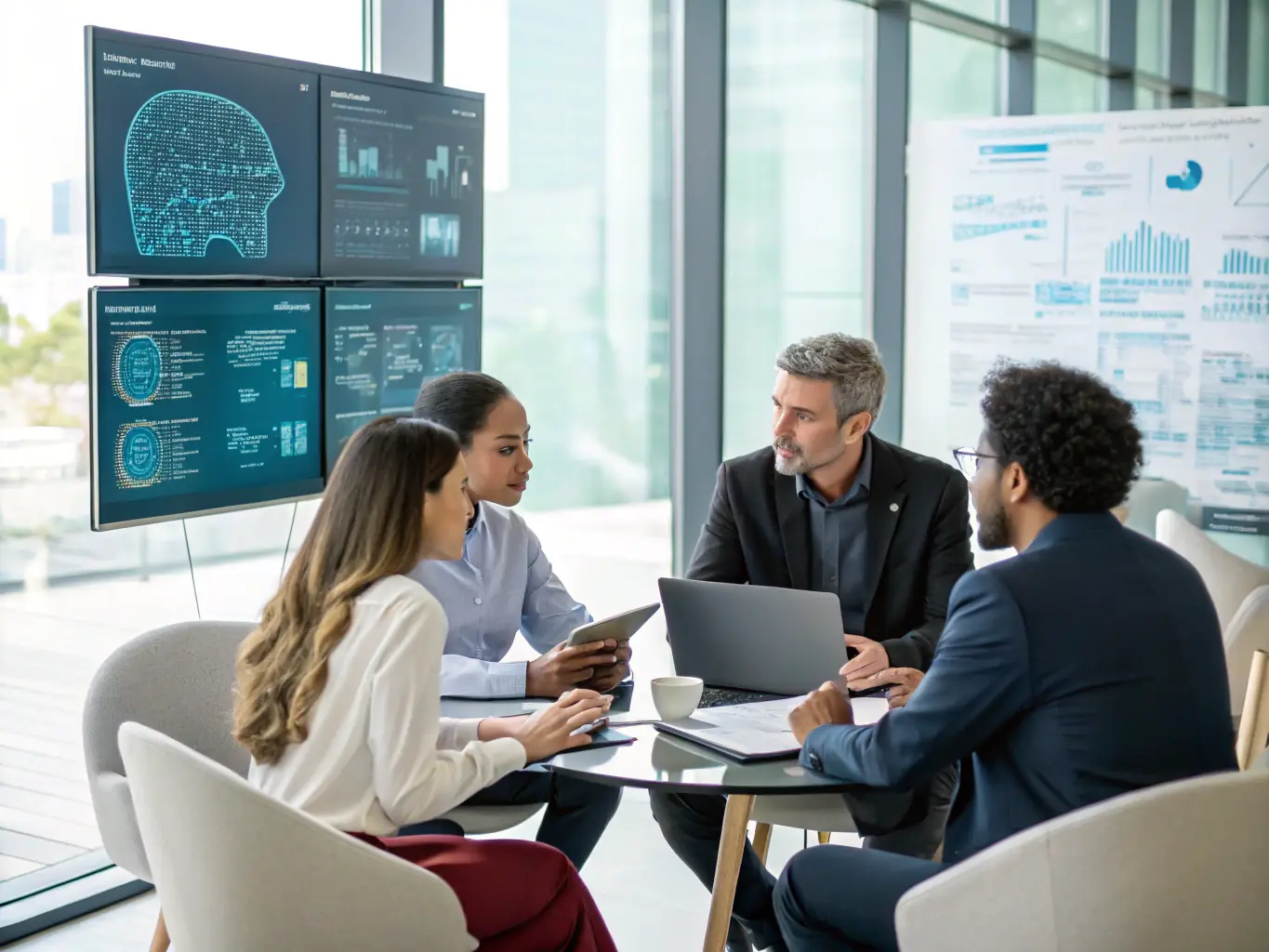 An image of a sales team collaborating around a digital dashboard displaying sales metrics and AI analytics, showcasing the use of AI in sales process optimization.